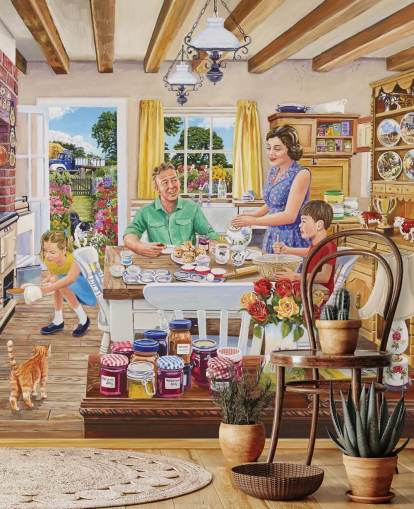 farmhouse kitchen with range, cat, cakes and family wallpaper