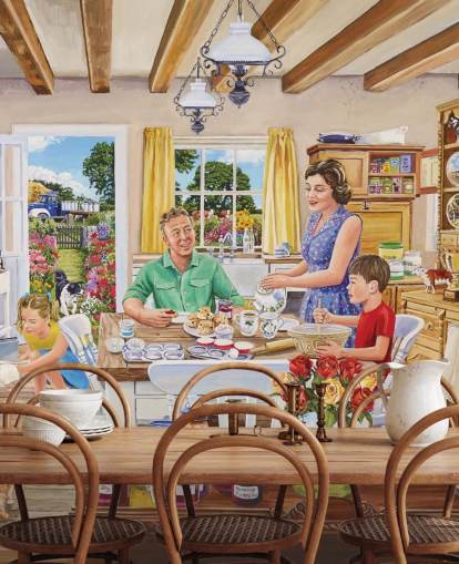 boerderijkeuken met assortiment, kat, gebak en familiebehang