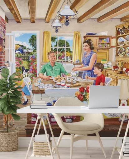 farmhouse kitchen with range, cat, cakes and family wallpaper