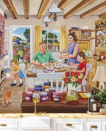 Bauernküche mit Sortiment, Katze, Kuchen und Familientapete Bauernküche mit Sortiment, Katze, Kuchen und Familientapete