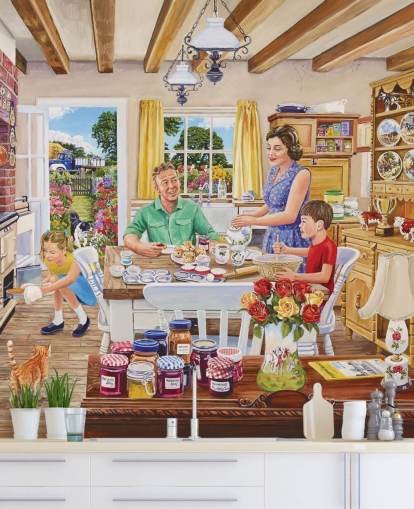 Bauernküche mit Sortiment, Katze, Kuchen und Familientapete