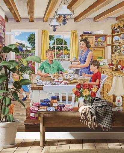 cocina de granja con gama, gato, pasteles y papel tapiz familiar