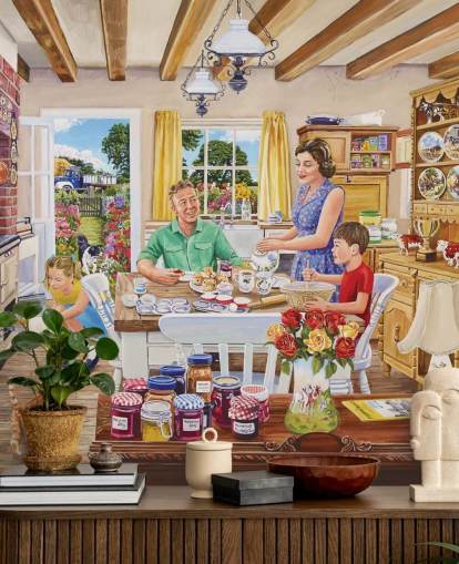 Bauernküche mit Sortiment, Katze, Kuchen und Familientapete