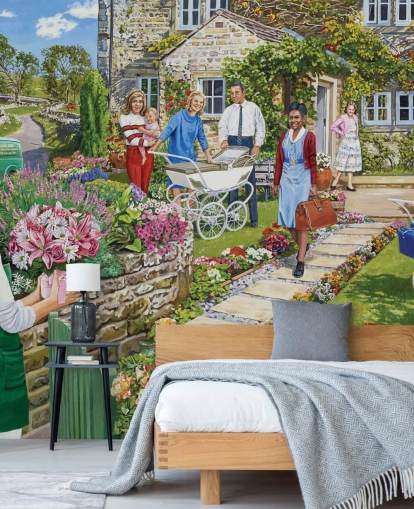 happy scene of new mum at cottage wallpaper