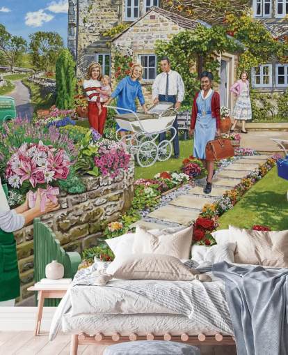 happy scene of new mum at cottage wallpaper