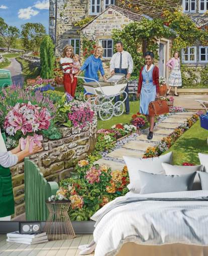 happy scene of new mum at cottage wallpaper