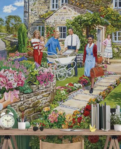 happy scene of new mum at cottage wallpaper