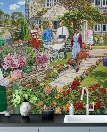 happy scene of new mum at cottage wallpaper