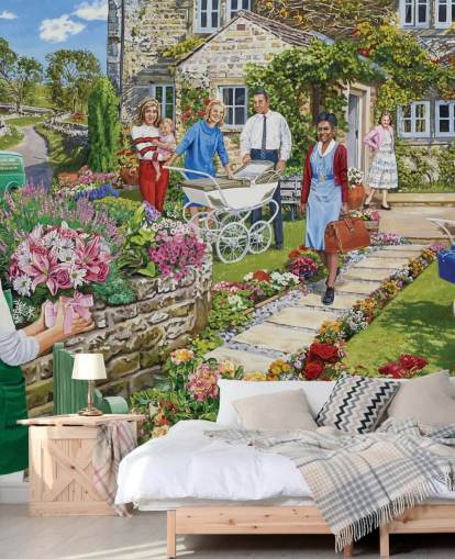 happy scene of new mum at cottage wallpaper