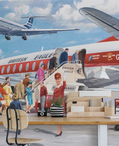 red air hostess waving by plane wallpaper