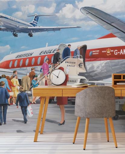 rote Stewardess winkt mit dem Flugzeug Tapete