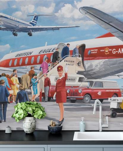 rode stewardess zwaaien met vliegtuig behang