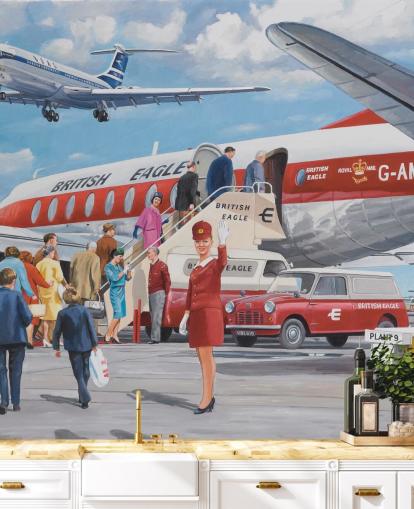 hôtesse de l'air rouge agitant par avion fond d'écran