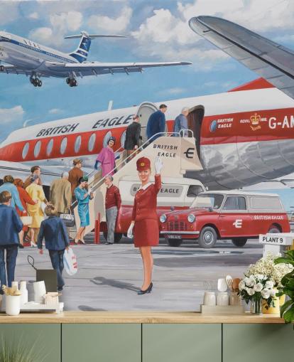 rode stewardess zwaaien met vliegtuig behang rode stewardess zwaaien met vliegtuig behang