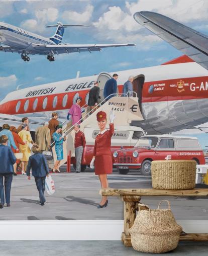 red air hostess waving by plane wallpaper