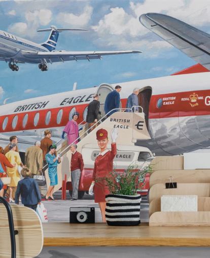 hôtesse de l'air rouge agitant par avion fond d'écran