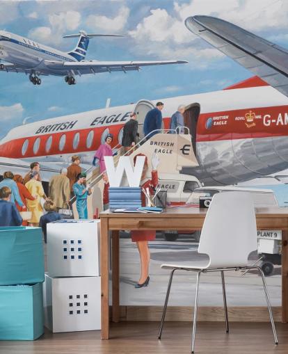 rote Stewardess winkt mit dem Flugzeug Tapete