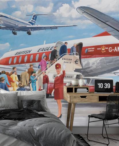 rote Stewardess winkt mit dem Flugzeug Tapete