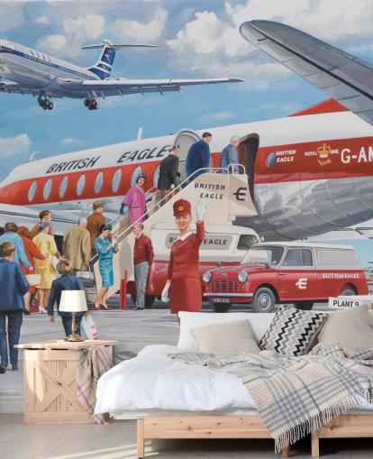 red air hostess waving by plane wallpaper