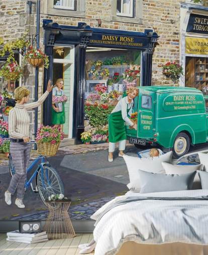 colourful retro painting of florist shop wallpaper
