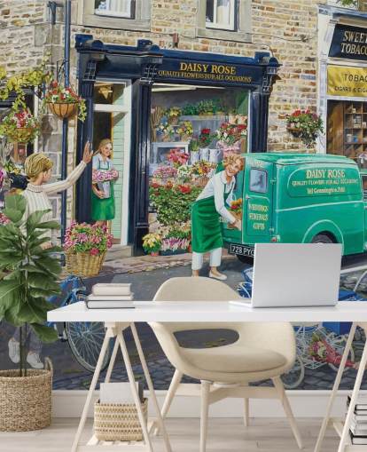 colourful retro painting of florist shop wallpaper colourful retro painting of florist shop wallpaper
