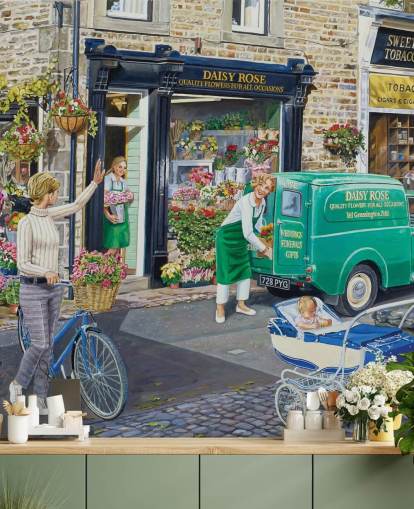 colourful retro painting of florist shop wallpaper