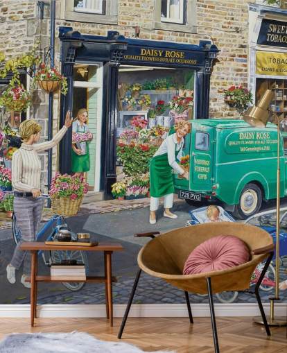 colourful retro painting of florist shop wallpaper colourful retro painting of florist shop wallpaper