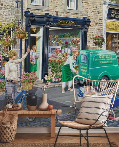 colourful retro painting of florist shop wallpaper