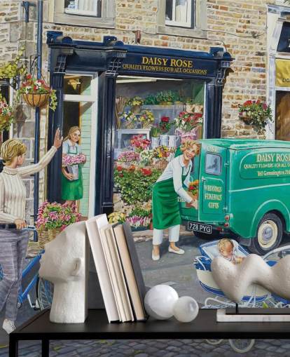 colourful retro painting of florist shop wallpaper