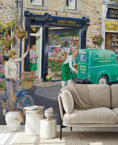 farverige retro maleri af blomsterhandler butik tapet