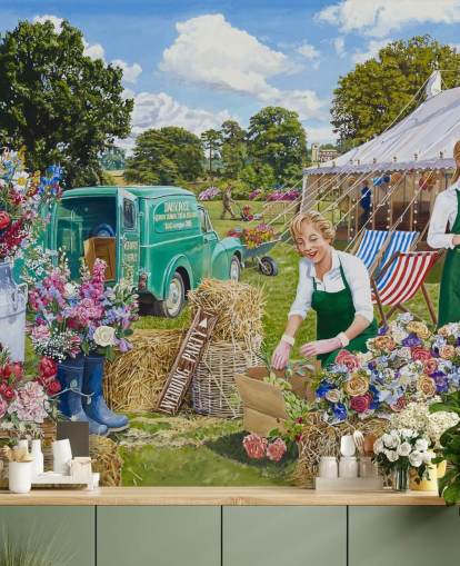 two women preparing flowers for a wedding outside wallpaper
