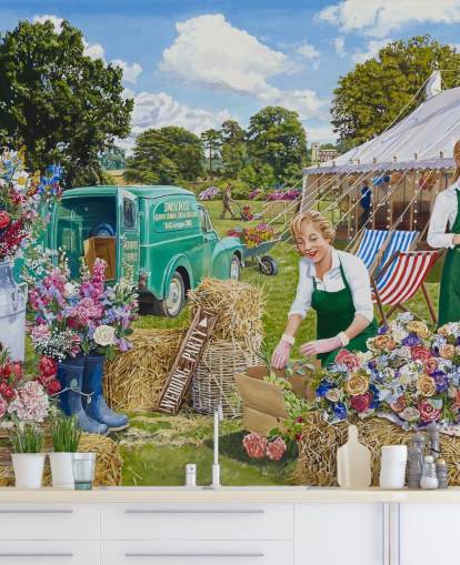 two women preparing flowers for a wedding outside wallpaper