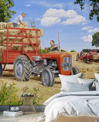 roter Traktor voller Heu mit Bauerntapete roter Traktor voller Heu mit Bauerntapete