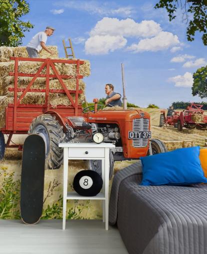 fondo de pantalla de tractor rojo lleno de heno con agricultores