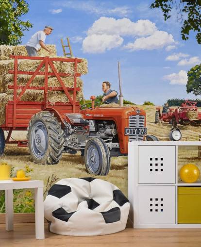 fondo de pantalla de tractor rojo lleno de heno con agricultores