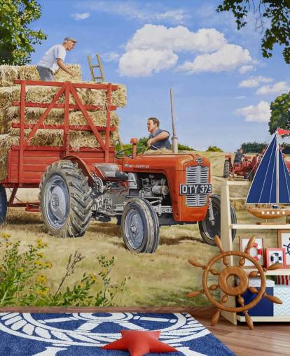 red tractor full of hay with farmers wallpaper
