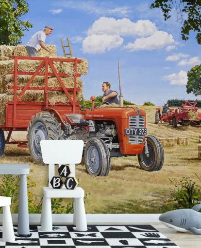 trattore rosso pieno di fieno con carta da parati degli agricoltori