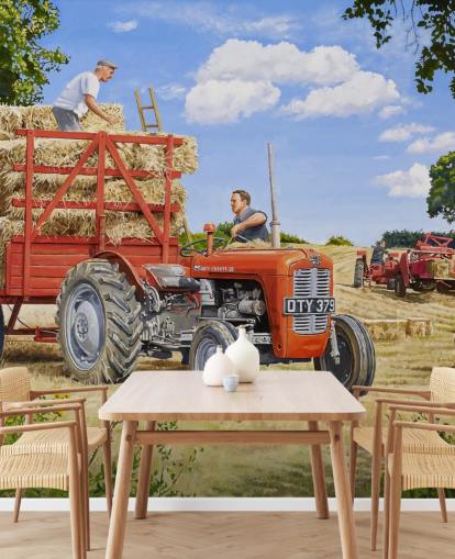 rode tractor vol hooi met boerenbehang