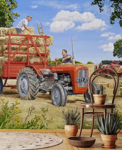 red tractor full of hay with farmers wallpaper