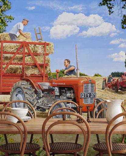 tracteur rouge plein de foin avec papier peint fermiers