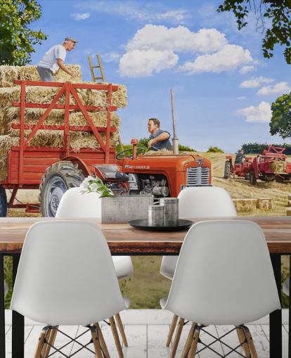 red tractor full of hay with farmers wallpaper