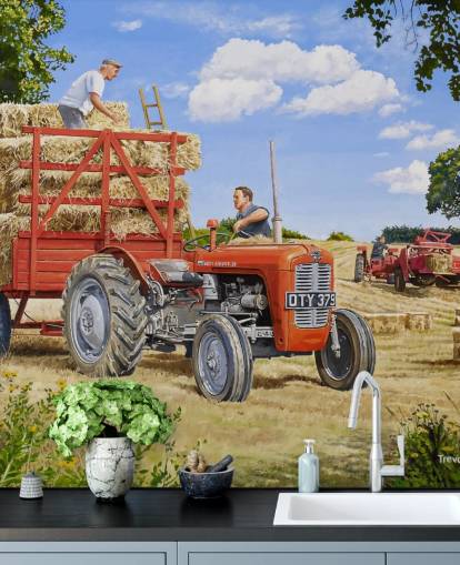 red tractor full of hay with farmers wallpaper