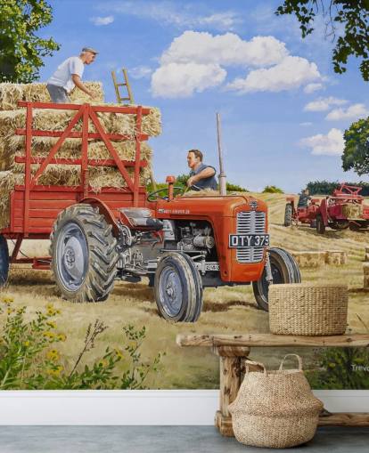 red tractor full of hay with farmers wallpaper