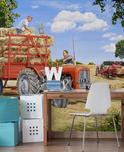 fondo de pantalla de tractor rojo lleno de heno con agricultores