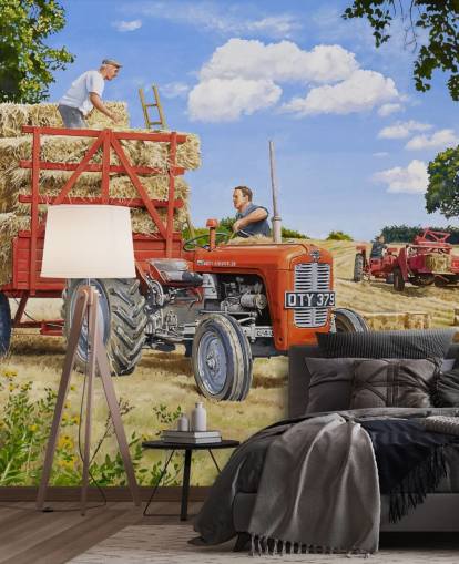 tracteur rouge plein de foin avec papier peint fermiers