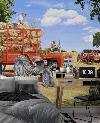 rød traktor fuld af hø med landmænd tapet rød traktor fuld af hø med landmænd tapet