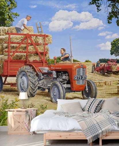 fondo de pantalla de tractor rojo lleno de heno con agricultores
