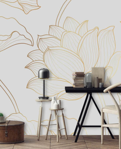 papel de parede floral branco e dourado