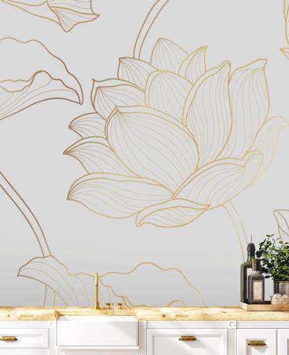 papel pintado floral blanco y dorado