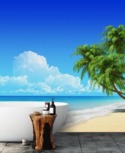 Palm Tree Drapert Over Hvit Strand Bakgrunn